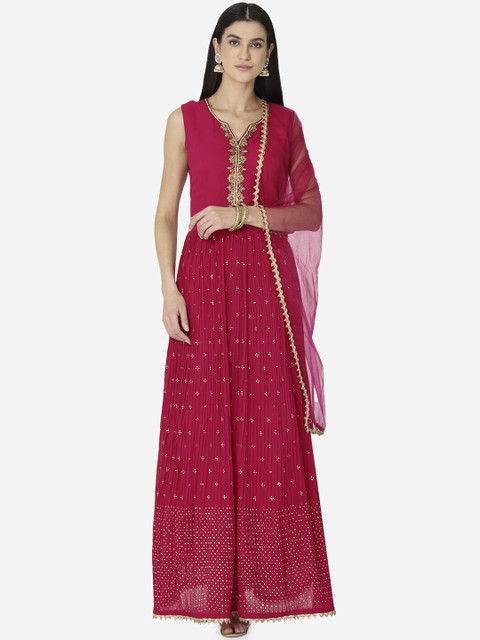 

BOMBAY SELECTIONS Women Red & Gold-Toned Ethnic Motifs Embroidered Thread Work Georgette Kurta