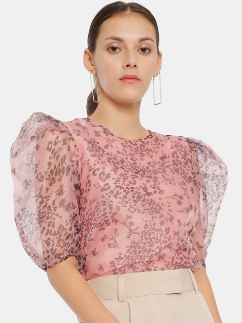 ELLE Pink Floral Printed Puff Sleeves Regular Top
