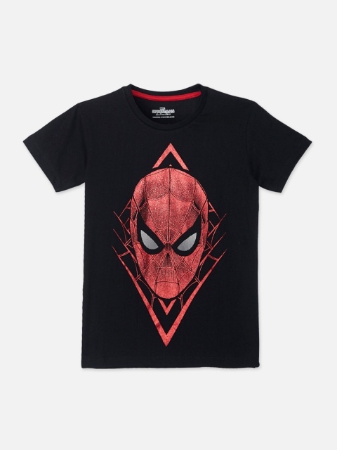 Kids Ville Boys Black Spiderman Printed Round Neck Cotton T-shirt