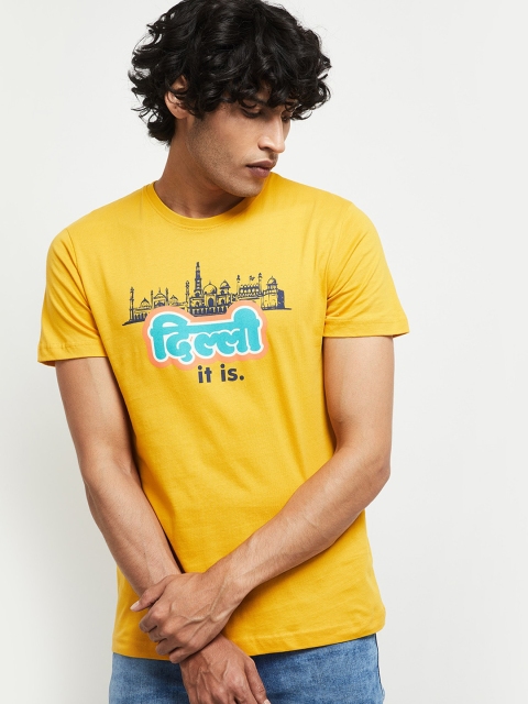 

max Men Yellow Printed Round Neck T-shirt