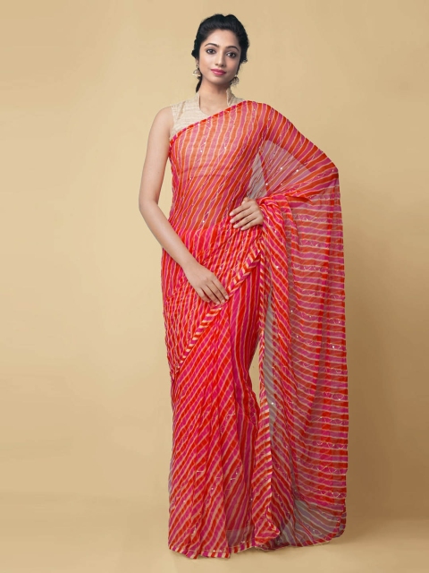 

Unnati Silks Pink & Red Pure Chiffon Striped Patola Handloom Saree