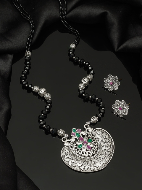 

aadita Oxidized Silver-Toned & Black Stone-Studded Tribal Mangalsutra With Earrings