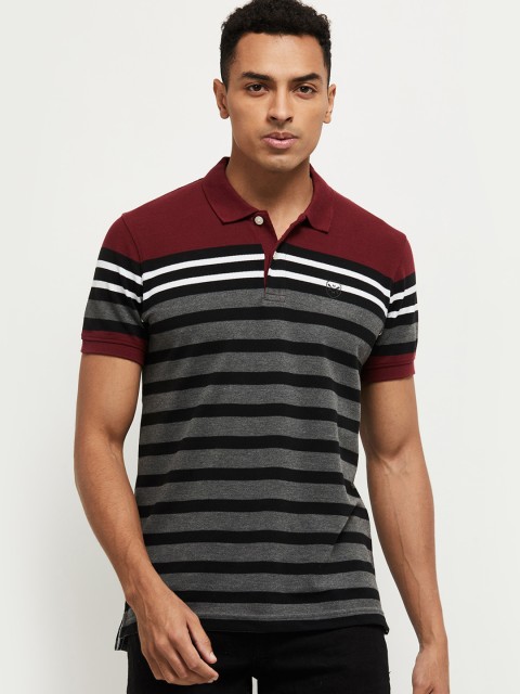

max Men Maroon Striped Polo Collar T-shirt
