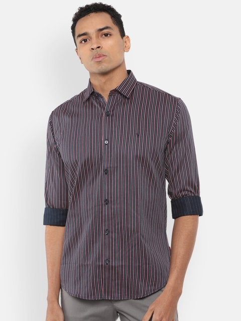 

V Dot Men Navy Blue & Coral Slim Fit Striped Casual Shirt