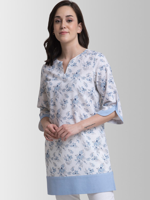 

FableStreet White & Blue Floral Printed Slit Sleeves Pure Cotton Regular Longline Top