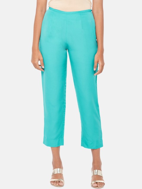 

RANGMANCH BY PANTALOONS Women Turquoise Blue Regular Fit Solid Regular Trousers