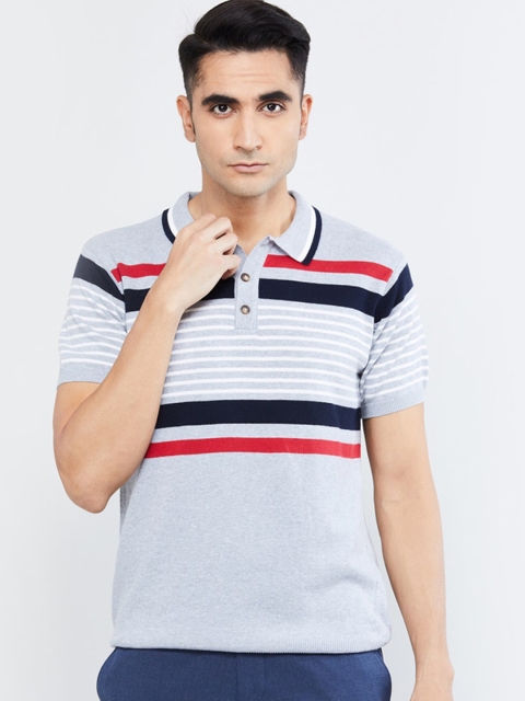 

max Men Grey & Red Striped Polo Collar Cotton T-shirt
