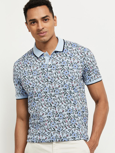 

max Men Blue Floral Printed Polo Collar T-shirt