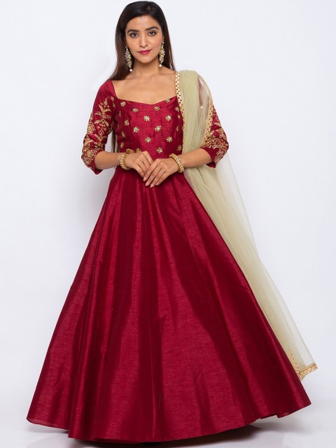 

6Y COLLECTIVE Women Maroon & Beige Embroidered Sequin Foilage Anarkali Dress