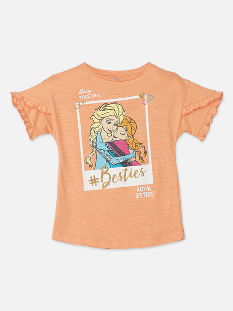 

Kids Ville Peach-ColouredElsa & Anna Printed Round Neck T-shirt For Girls