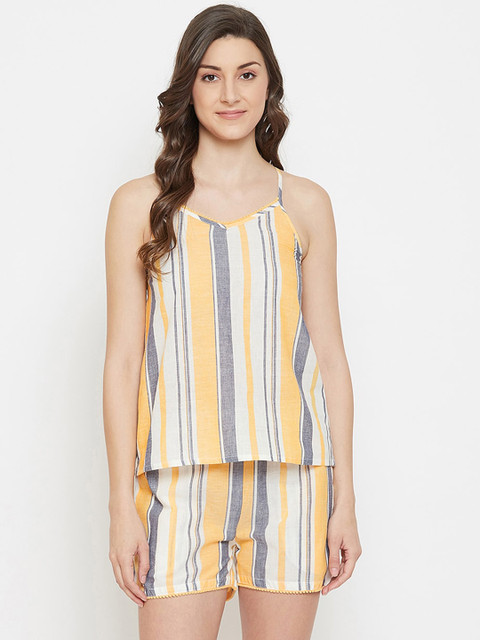 

Clovia Women Beige & Grey Striped Night suit