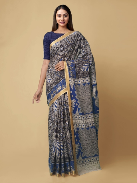 

Unnati Silks Black & Navy Blue Pure Cotton Kalamkari Printed Kanjeevaram Handloom Saree