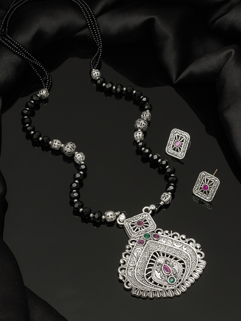 

aadita Oxidized Silver-Toned & Black Stone-Studded Tribal Mangalsutra With Earrings