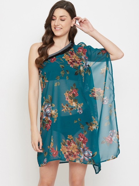 

Clovia Women Teal Blue & Orange Printed Beach One Shoulder Cover-Up Dress