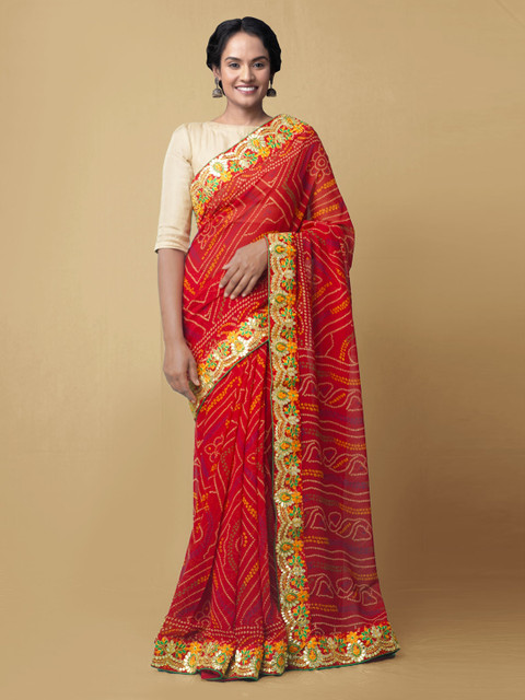 

Unnati Silks Red Pure Chiffon Printed Bandhani Saree