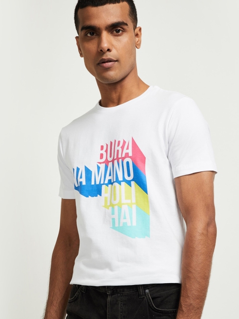 

max Men White & Blue Printed Round Neck Slim Fit T-shirt