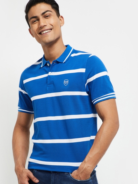 

max Men Blue & White Striped Polo Collar T-shirt