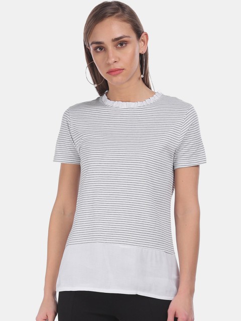 

ELLE Off White & Grey Striped Pure Cotton Regular Top
