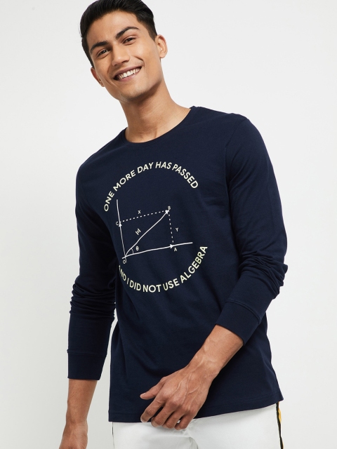 

max Men Navy Blue White Printed Round Neck Cotton Pure Cotton T-shirt