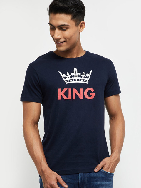 

max Men Navy Blue Printed Round Neck Cotton Pure Cotton T-shirt