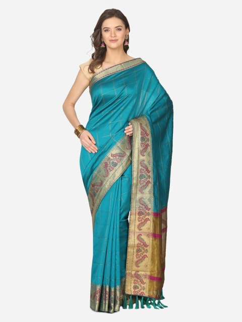 

BOMBAY SELECTIONS Blue Art Silk Checked Banarasi Saree