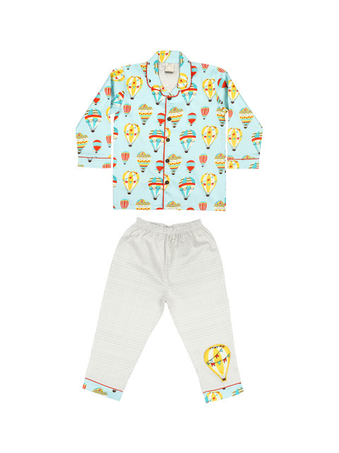 

CASA DE NEE NEE Unisex Kids Turquoise Blue & White Printed Cotton Night Suit