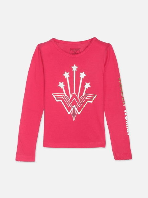 

Kids Ville Girls Pink Wonder Woman Printed Round Neck Cotton T-shirt