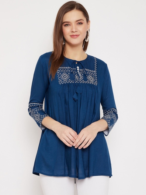 

Baani Creations Aqua Blue Geometric Embroidered Tie-Up Neck A-Line Top