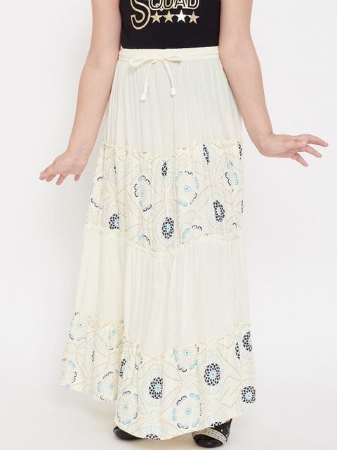 

Baani Creations Girls Cream-Coloured & Blue Printed Tiered Maxi Skirt