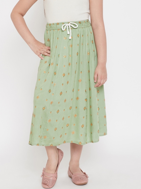

Baani Creations Girls Green & Golden Printed Flared Maxi Skirt