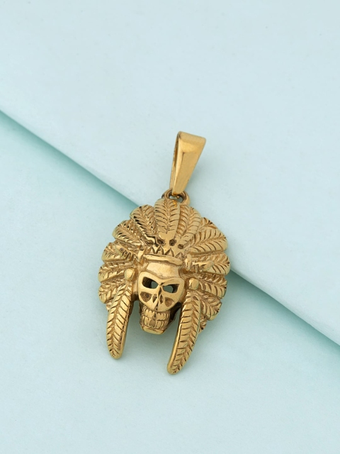 

Dare by Voylla Men Gold-Plated Textured Feather-Shaped Tribal Mask Pendant