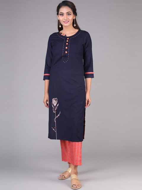 

KLM Fashion Mall Women Navy Blue & Red Embroidered Kurta with Churidar
