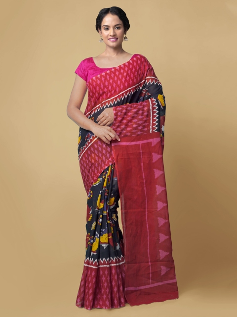 

Unnati Silks Black & Red Pure Cotton Printed Dabu Sustainable Saree