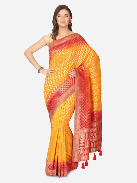 

BOMBAY SELECTIONS Yellow & Orange Silk Blend Woven Design Banarasi Saree