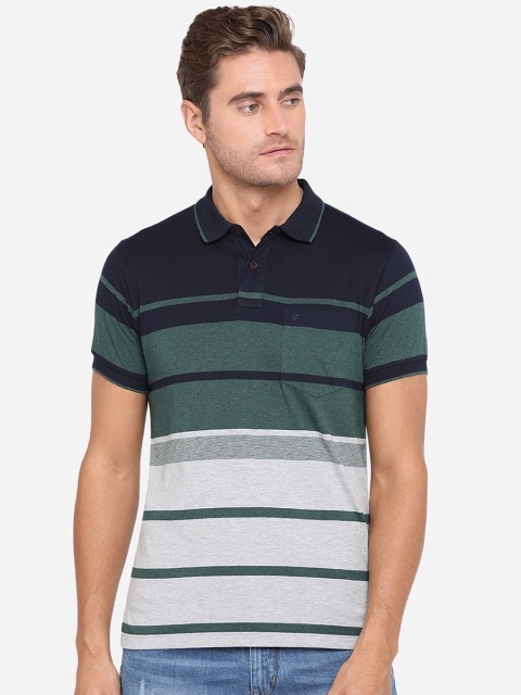 

Greenfibre Men Grey & Green Striped Polo Collar T-shirt