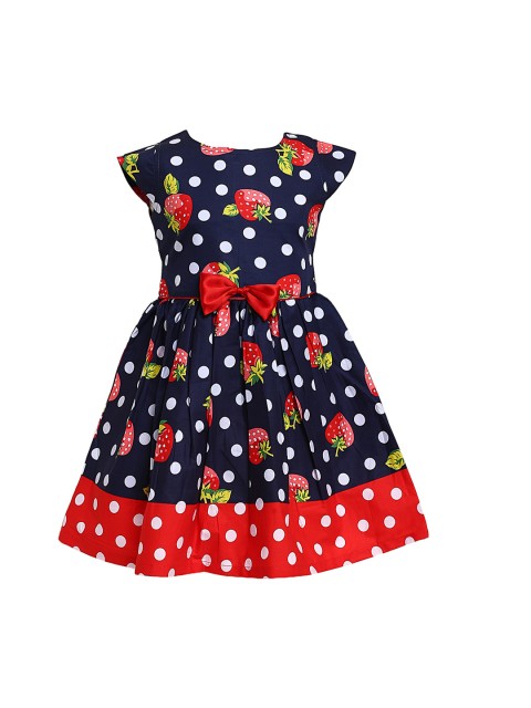 

Aarika Girls Navy Blue & White Polka Dot Printed Cotton Fit and Flare Dress
