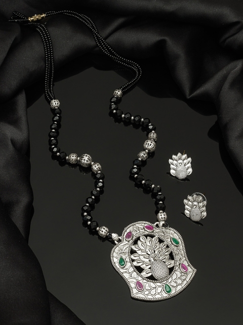 

aadita Oxidized Silver-Toned & Black Stone-Studded Tribal Mangalsutra With Earrings