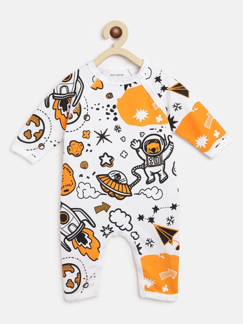 

berrytree Infant Kids White & Orange Printed Baby Sustainable Rompers