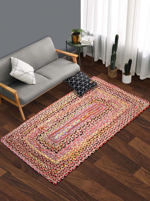 

HomeStorie Pink & Yellow Bohemian Cotton Jute Braided Handmade Carpet