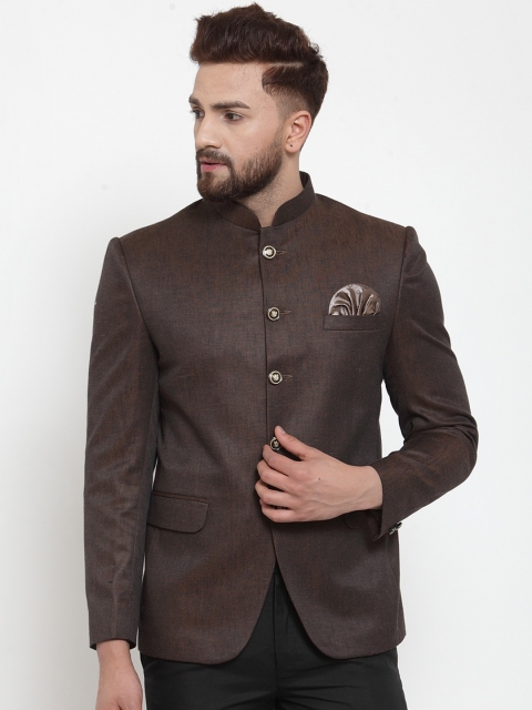 KLOTTHE Men Brown Solid Slim-Fit Bandhgala Blazer