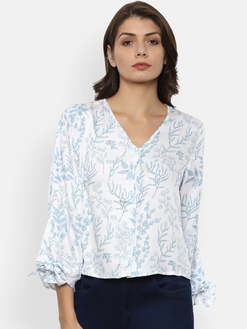 

Van Heusen Woman White & Blue Floral Printed Puff Sleeves Regular Top