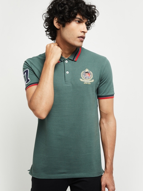 

max Men Green Solid Polo Collar Cotton Pure Cotton T-shirt