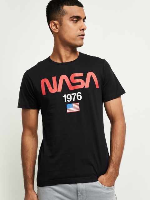 

max Men Black Red NASA Printed Round Neck Slim Fit Pure Cotton T-shirt