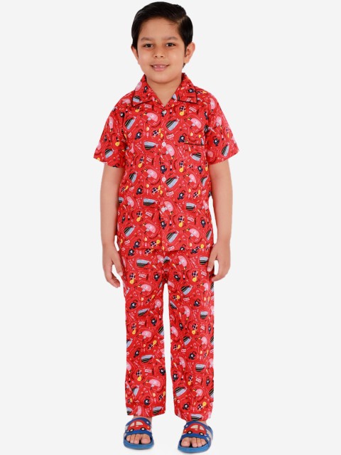

KID1 Boys Red & Navy Blue Printed Night Suit