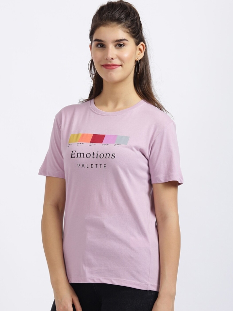 

Zink London Women Lavender Printed Round Neck Pure Cotton T-shirt