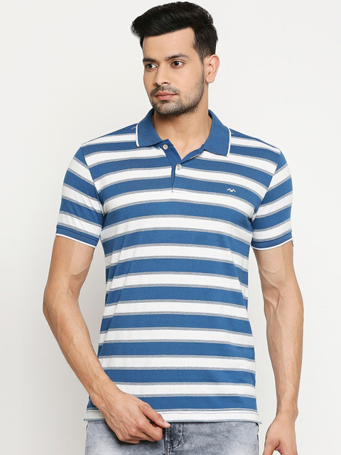 

Mufti Men White & Blue Striped Polo Collar T-shirt