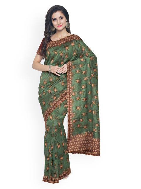 Kalamandir Green & Pink Linen Blend Printed Banarasi Saree