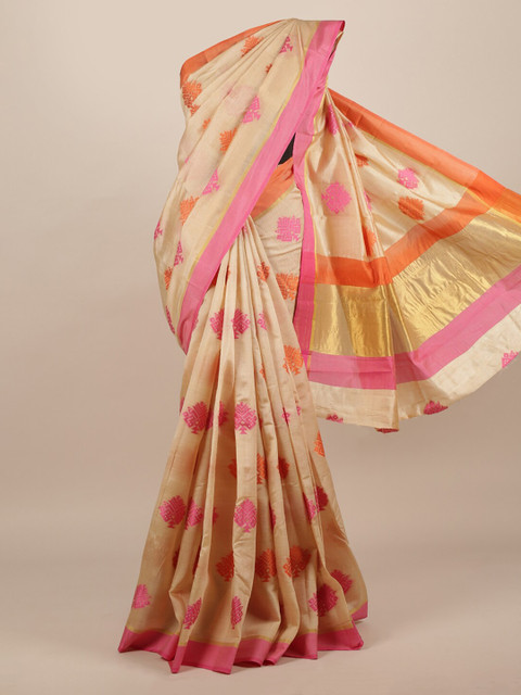 

Pothys Cream-Coloured & Pink Jute Silk Woven Design Saree