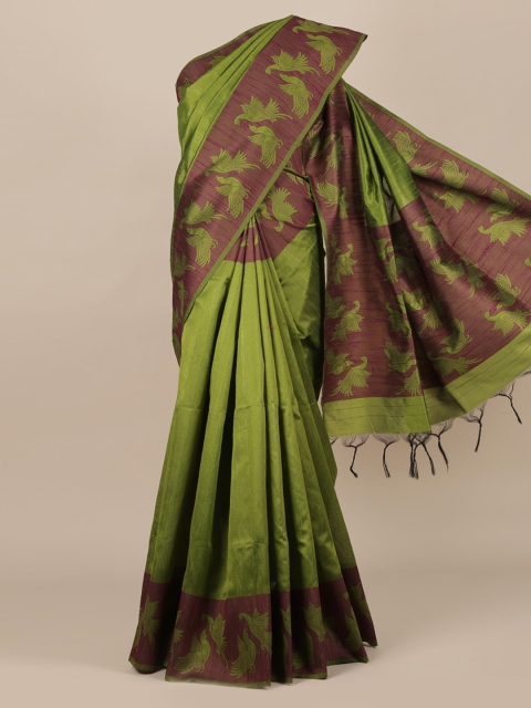 

Pothys Green & Purple Jute Silk Solid Saree