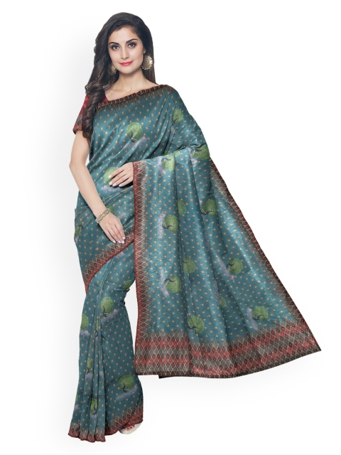 

Kalamandir Blue Linen Blend Printed Banarasi Saree